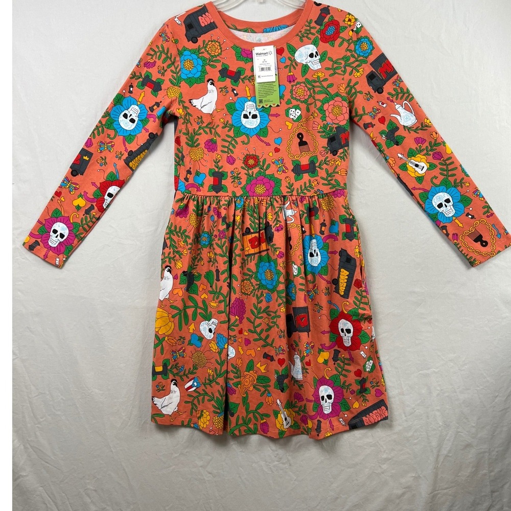 Roberto Lugo Long Sleeve Dress Womens M Salmon Orange Skull Floral Print Pockets
